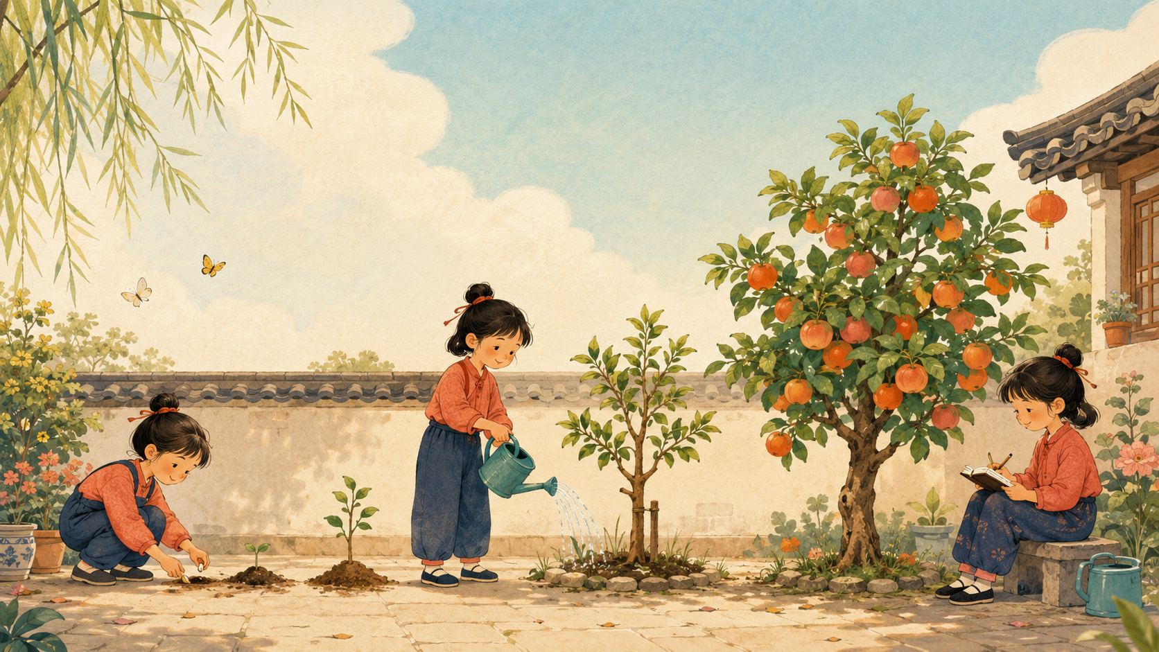 孩子种下、浇灌并观察一棵结满果实的树